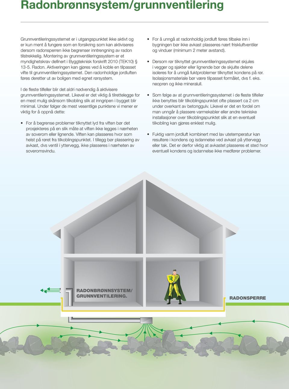 Aktiveringen kan gjøres ved å koble en tilpasset vifte til grunnventileringssystemet. Den radonholdige jordluften føres deretter ut av boligen med egnet rørsystem.