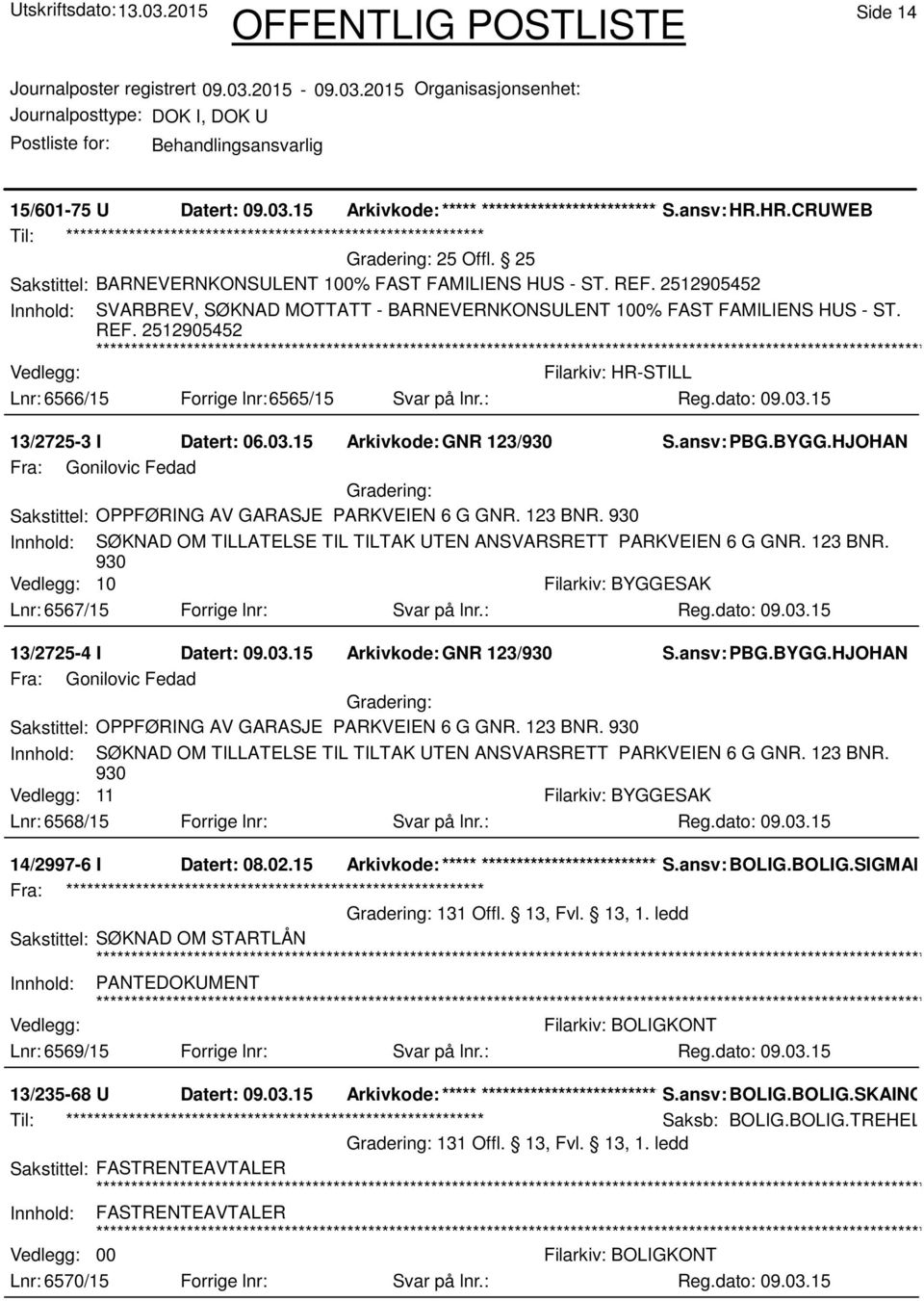 15 Arkivkode:GNR 123/930 S.ansv: PBG.BYGG.HJOHAN Fra: Gonilovic Fedad Sakstittel: OPPFØRING AV GARASJE PARKVEIEN 6 G GNR. 123 BNR.