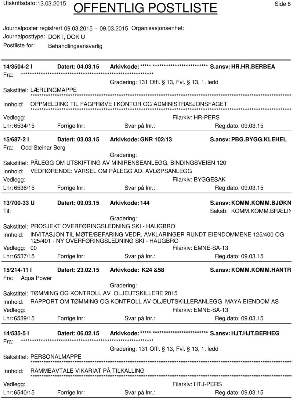 03.15 Arkivkode:GNR 102/13 S.ansv: PBG.BYGG.KLEHEL Fra: Odd-Steinar Berg Sakstittel: PÅLEGG OM UTSKIFTING AV MINIRENSEANLEGG, BINDINGSVEIEN 120 Innhold: VEDRØRENDE: VARSEL OM PÅLEGG AD.