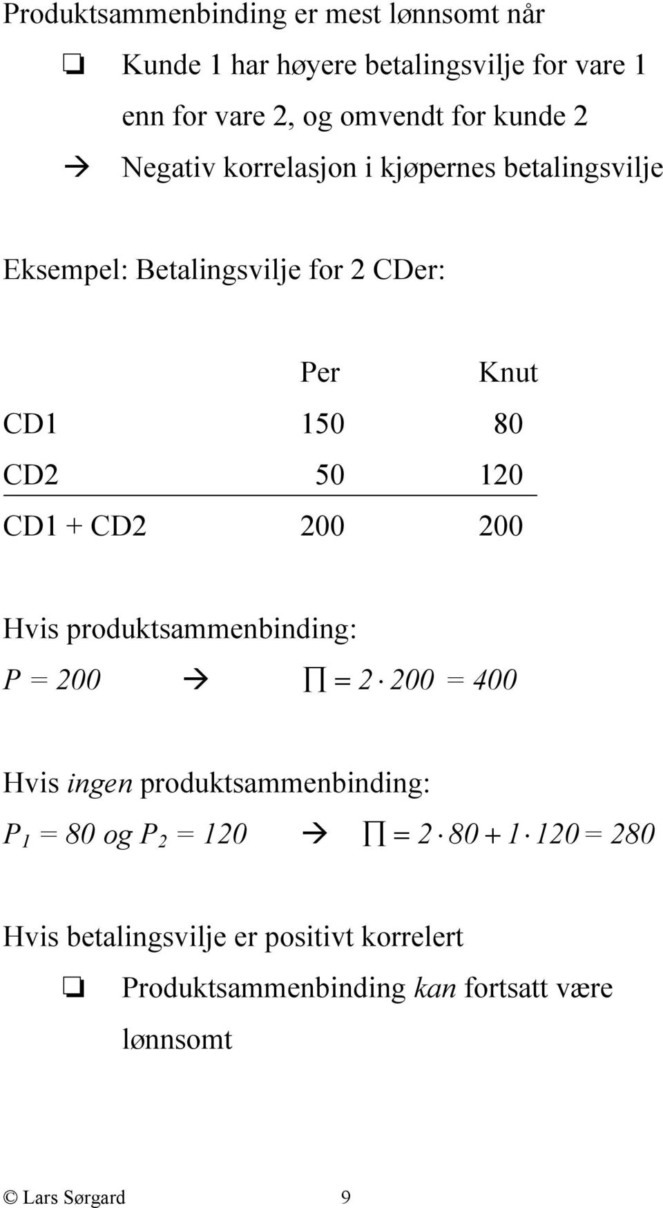 120 CD1 + CD2 200 200 Hvis produktsammenbinding: P = 200 = 2 200 = 400 Hvis ingen produktsammenbinding: P 1 = 80 og P 2 =