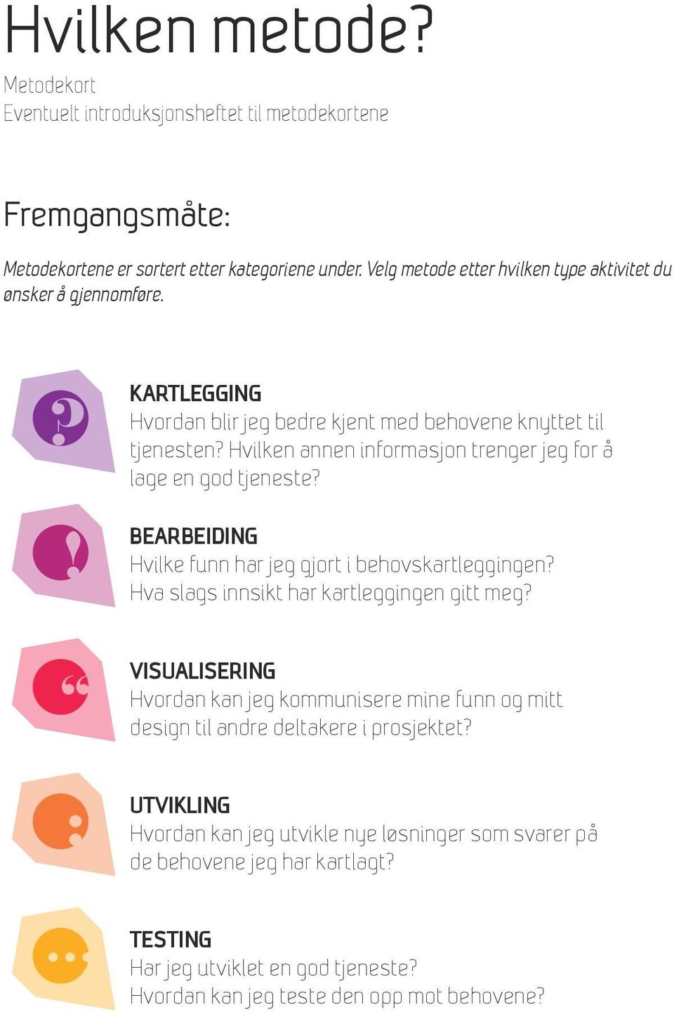 Hvilken annen informasjon trenger jeg for å lage en god tjeneste? BEARBEIDING Hvilke funn har jeg gjort i behovskartleggingen? Hva slags innsikt har kartleggingen gitt meg?