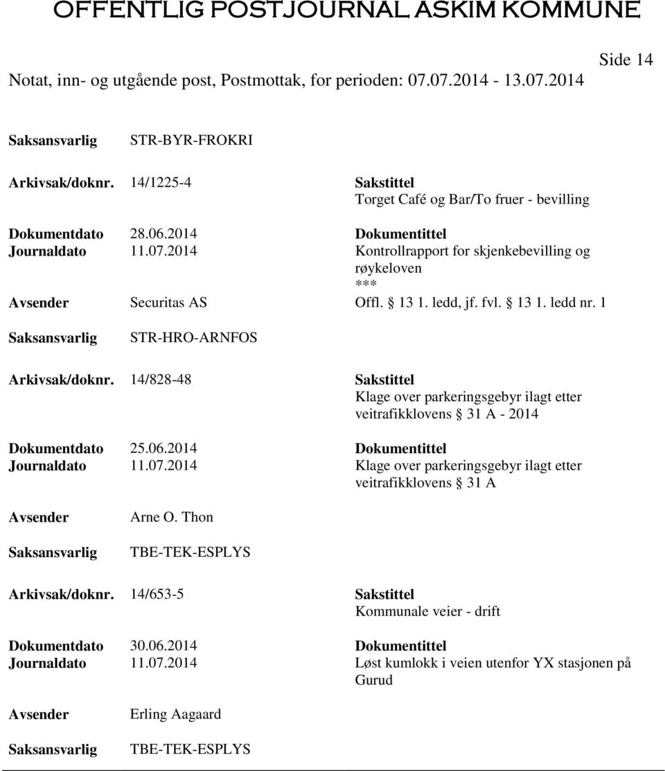 14/828-48 Sakstittel Klage over parkeringsgebyr ilagt etter veitrafikklovens 31 A - 2014 Dokumentdato 25.06.2014 Dokumentittel Journaldato 11.07.