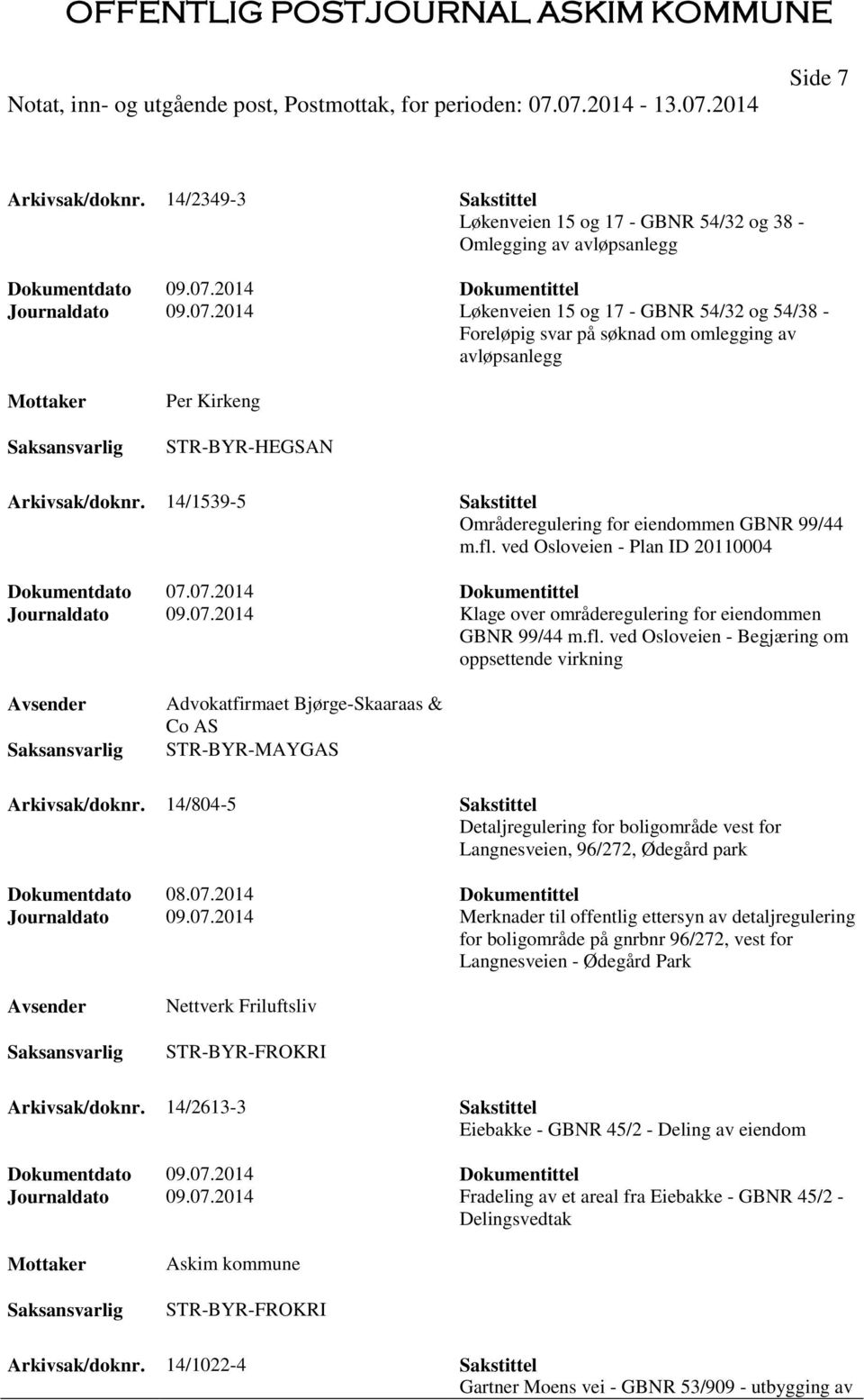 14/1539-5 Sakstittel Områderegulering for eiendommen GBNR 99/44 m.fl. ved Osloveien - Plan ID 20110004 Dokumentdato 07.07.2014 Dokumentittel Journaldato 09.07.2014 Klage over områderegulering for eiendommen GBNR 99/44 m.