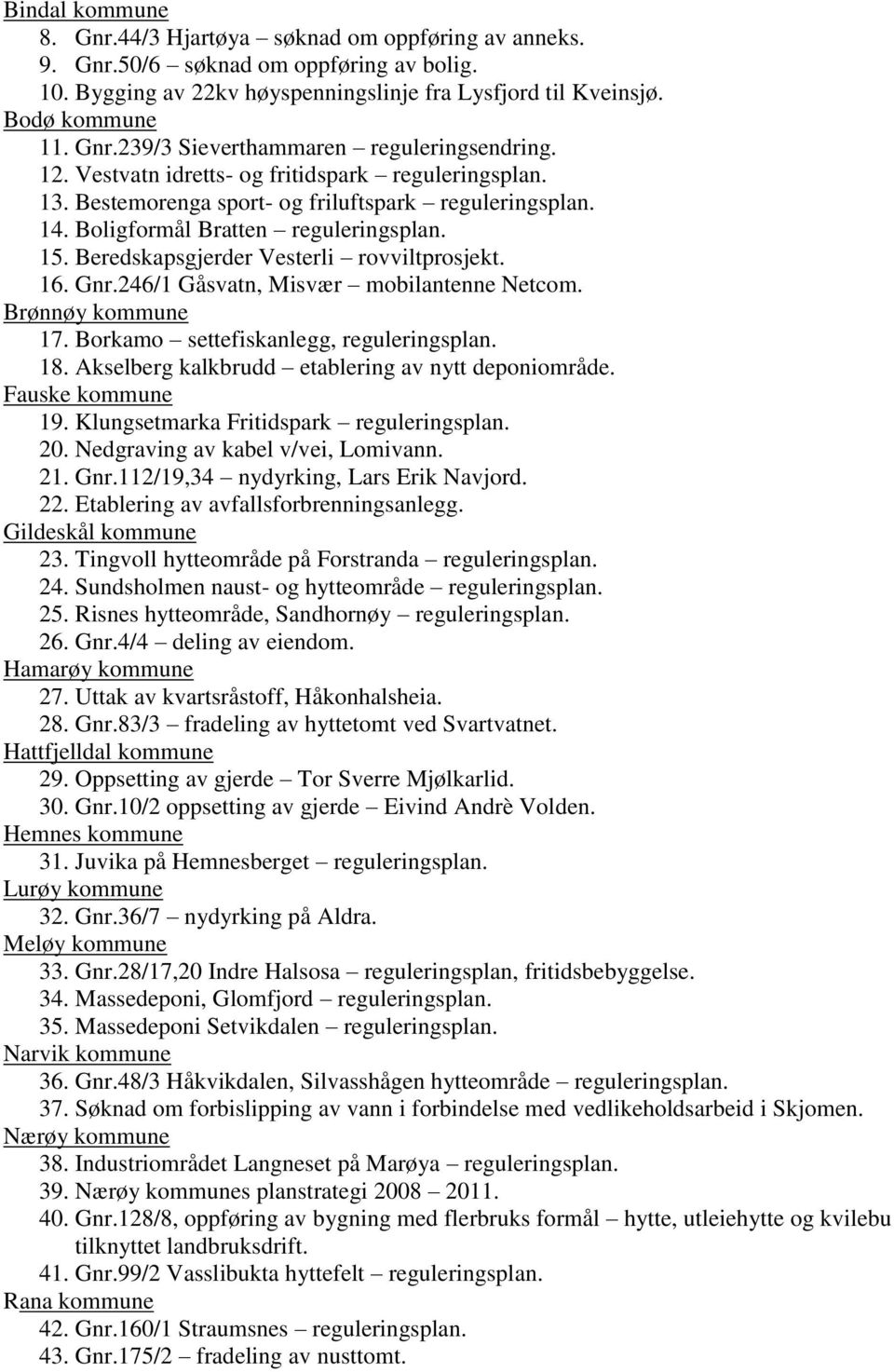 16. Gnr.246/1 Gåsvatn, Misvær mobilantenne Netcom. Brønnøy kommune 17. Borkamo settefiskanlegg, reguleringsplan. 18. Akselberg kalkbrudd etablering av nytt deponiområde. Fauske kommune 19.