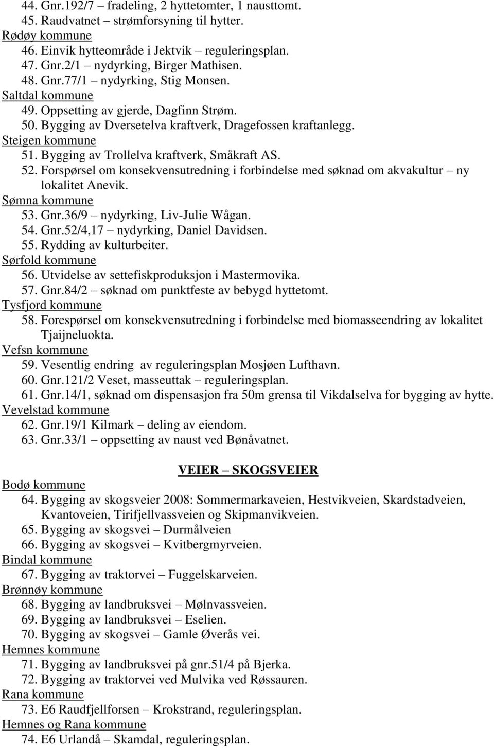 Bygging av Trollelva kraftverk, Småkraft AS. 52. Forspørsel om konsekvensutredning i forbindelse med søknad om akvakultur ny lokalitet Anevik. Sømna kommune 53. Gnr.36/9 nydyrking, Liv-Julie Wågan.