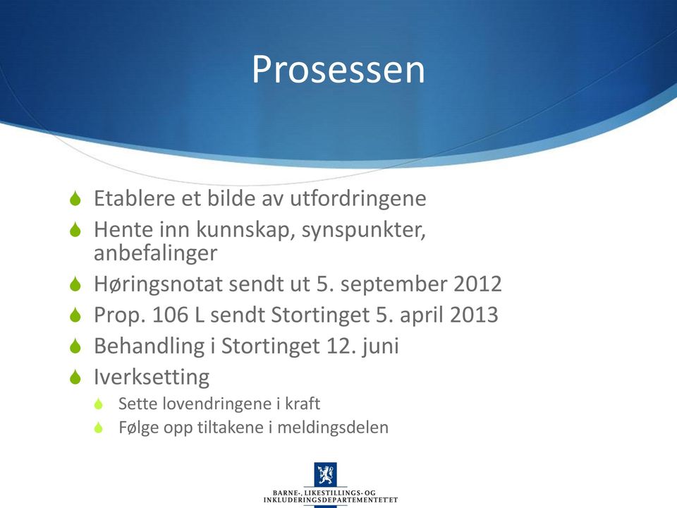 106 L sendt Stortinget 5. april 2013 S Behandling i Stortinget 12.