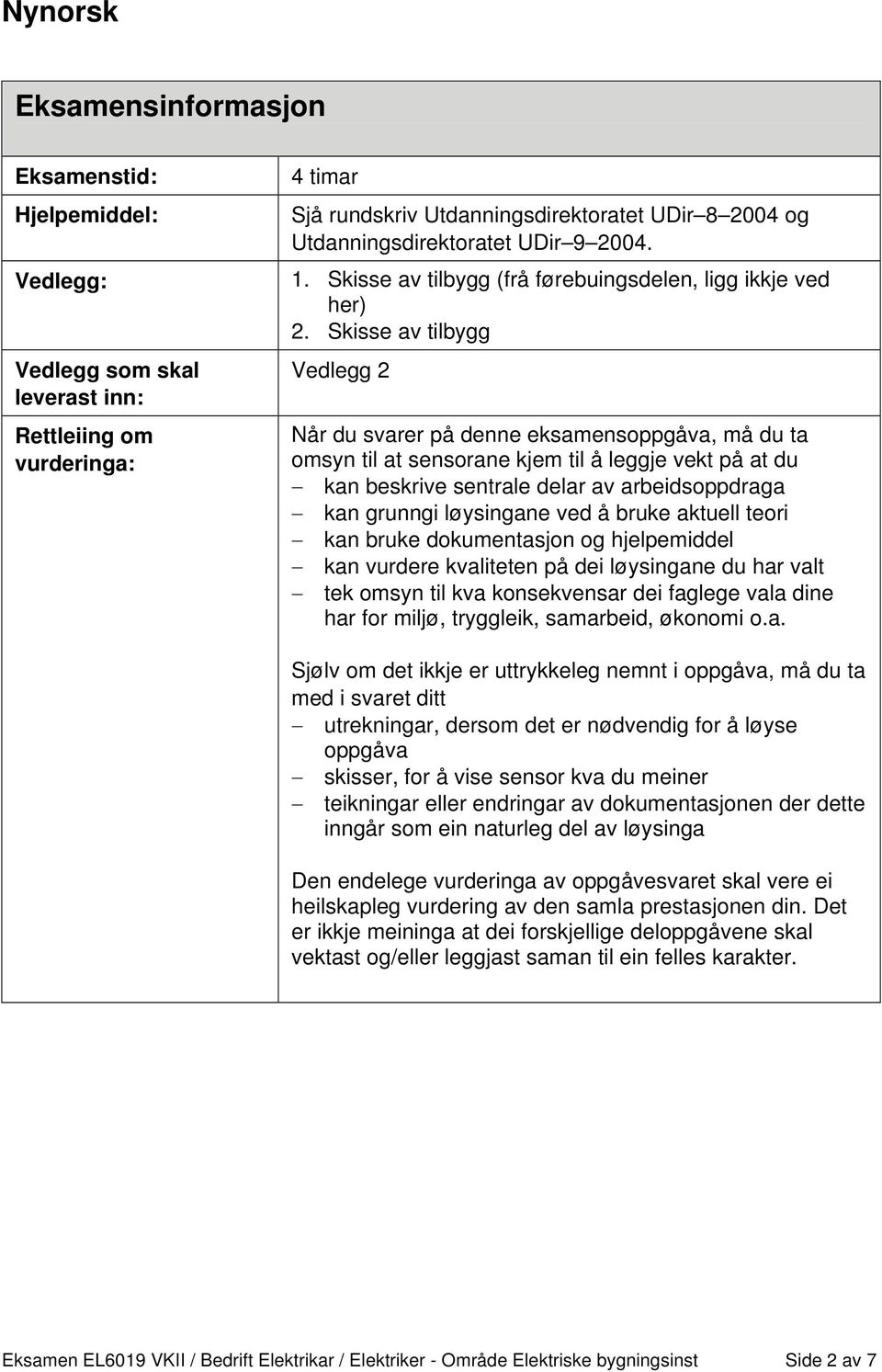 Skisse av tilbygg Vedlegg 2 Når du svarer på denne eksamensoppgåva, må du ta omsyn til at sensorane kjem til å leggje vekt på at du kan beskrive sentrale delar av arbeidsoppdraga kan grunngi