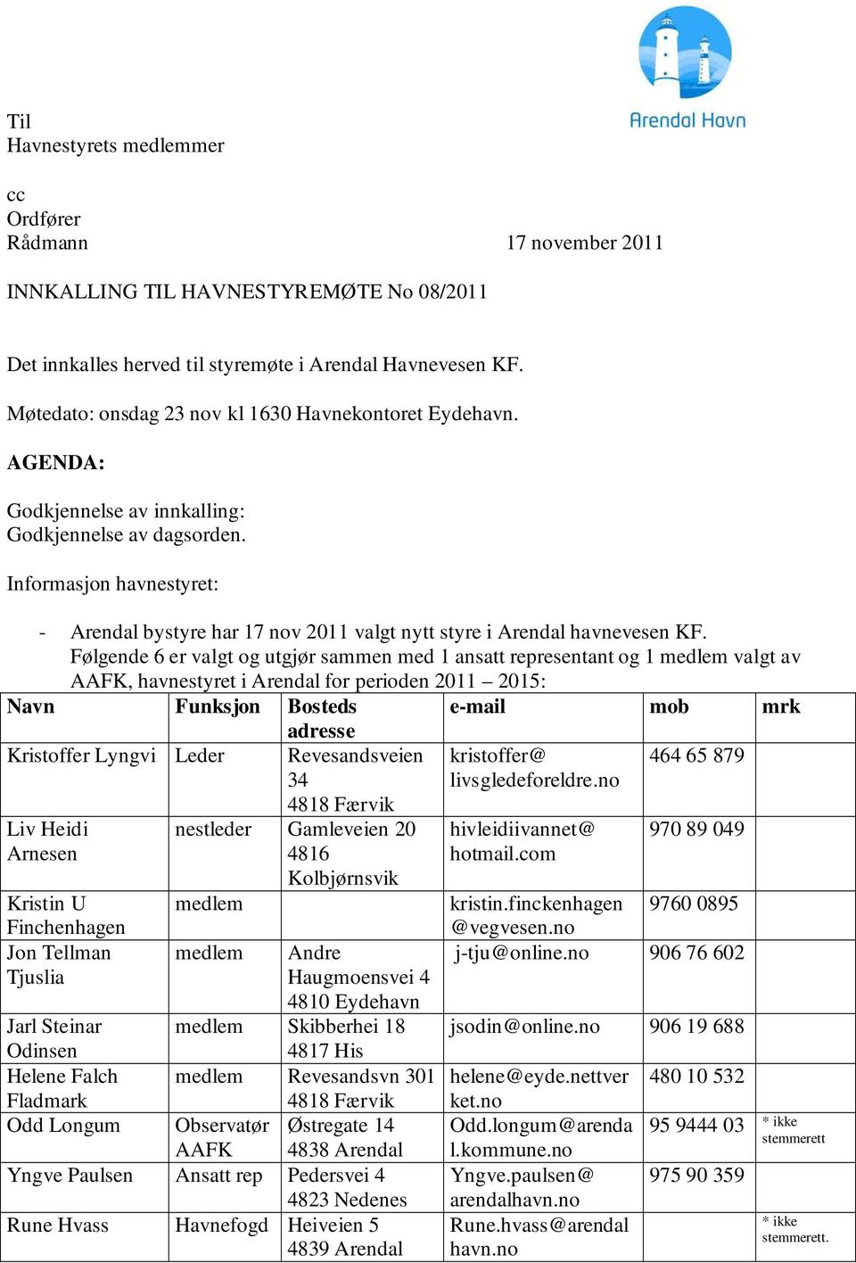 Informasjon havnestyret: - Arendal bystyre har 17 nov 2011 valgt nytt styre i Arendal havnevesen KF.