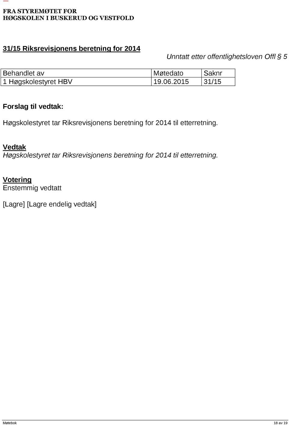 2015 31/15 Høgskolestyret tar Riksrevisjonens beretning for 2014 til