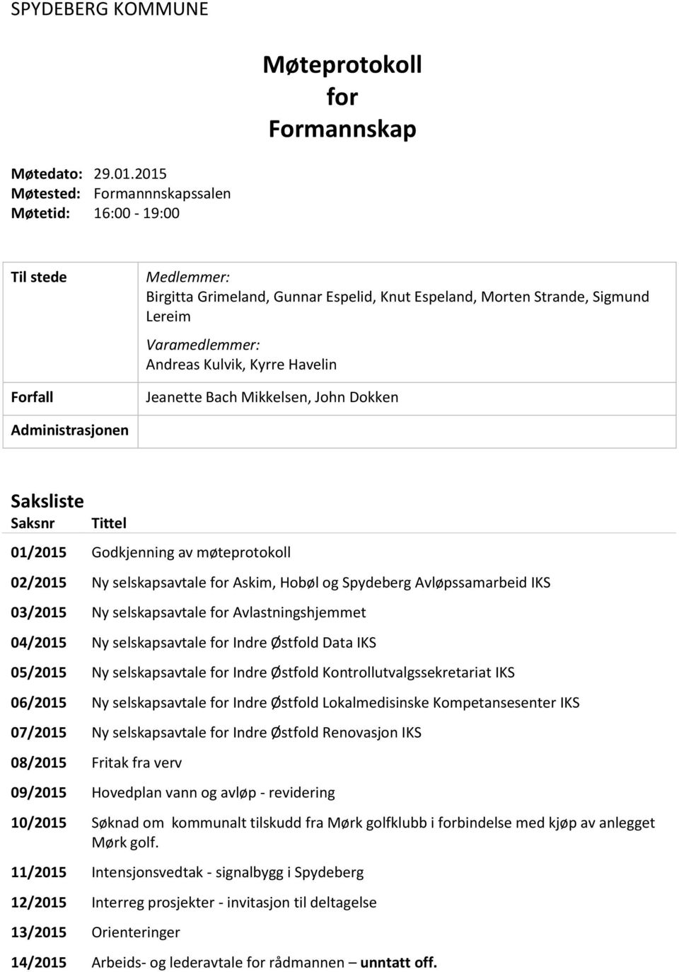 Kyrre Havelin Jeanette Bach Mikkelsen, John Dokken Administrasjonen Saksliste Saksnr Tittel 01/2015 Godkjenning av møteprotokoll 02/2015 Ny selskapsavtale for Askim, Hobøl og Spydeberg