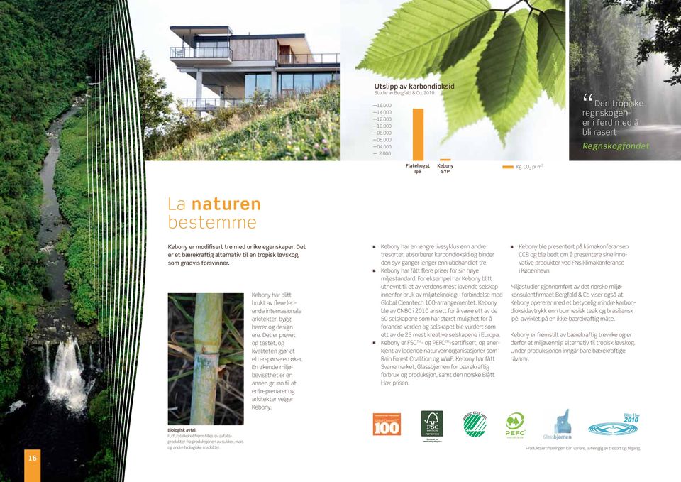 Det er et bærekraftig alternativ til en tropisk løvskog, som gradvis forsvinner. Kebony har blitt brukt av flere ledende internasjonale arkitekter, byggherrer og designere.