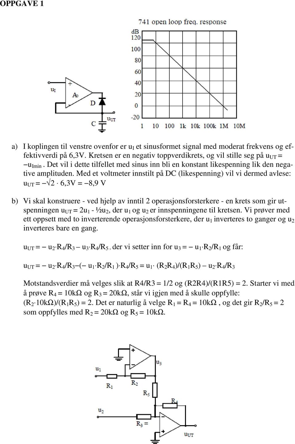 Med et voltmeter innstilt på DC (likespenning) vil vi dermed avlese: u UT = 2 6,3V = 8,9 V b) Vi skal konstruere - ved hjelp av inntil 2 operasjonsforsterkere - en krets som gir utspenningen u UT =