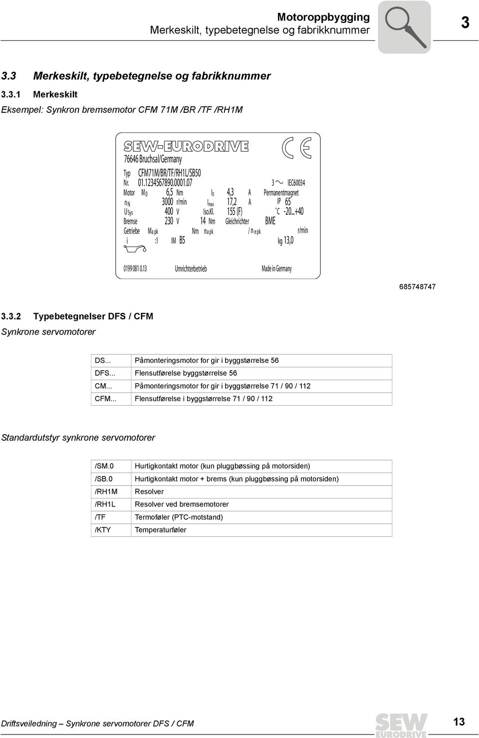 Nm Nm n a pk Gleichrichter / n e pk 3 IEC60034 Permanentmagnet IP 65 C 4,3 A 17,2 A 155 (F) -20...+40 BME kg 13,0 r/min 0199 081 0.13 Umrichterbetrieb Made in Germany 685748747 3.3.2 Typebetegnelser DFS / CFM Synkrone servomotorer DS.