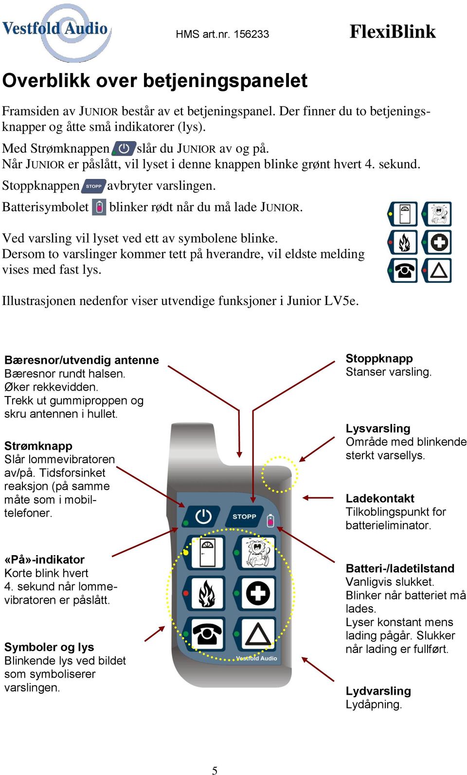 Ved varsling vil lyset ved ett av symbolene blinke. Dersom to varslinger kommer tett på hverandre, vil eldste melding vises med fast lys.