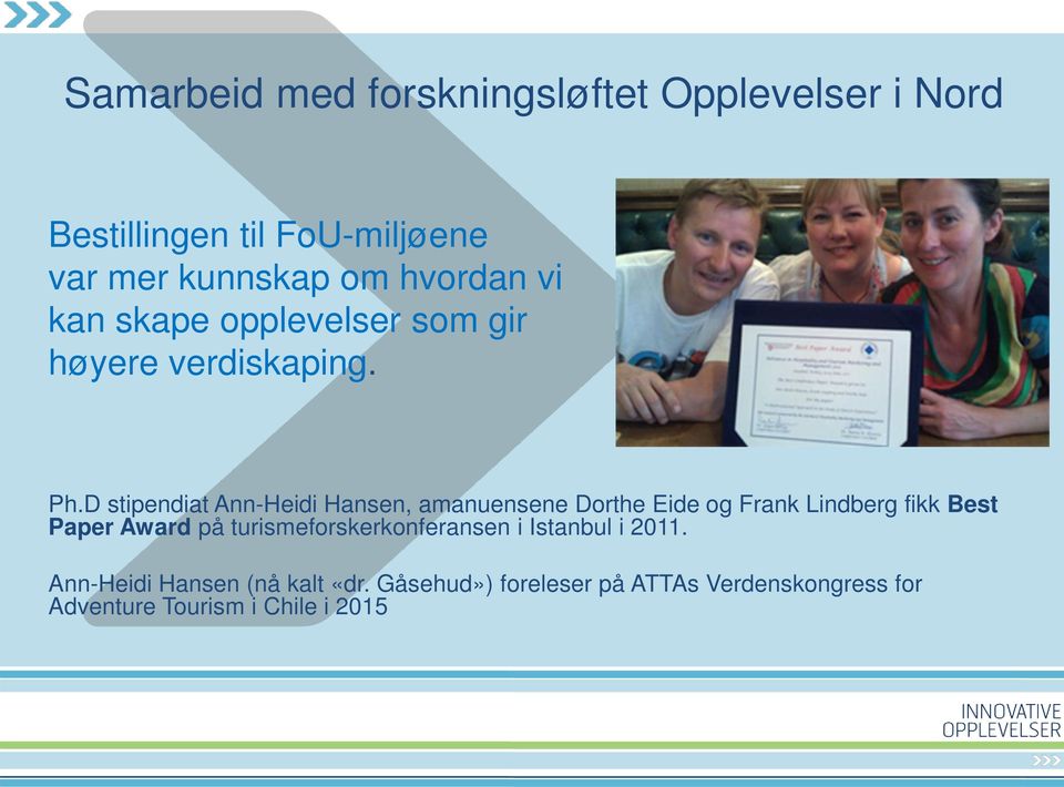 D stipendiat Ann-Heidi Hansen, amanuensene Dorthe Eide og Frank Lindberg fikk Best Paper Award på