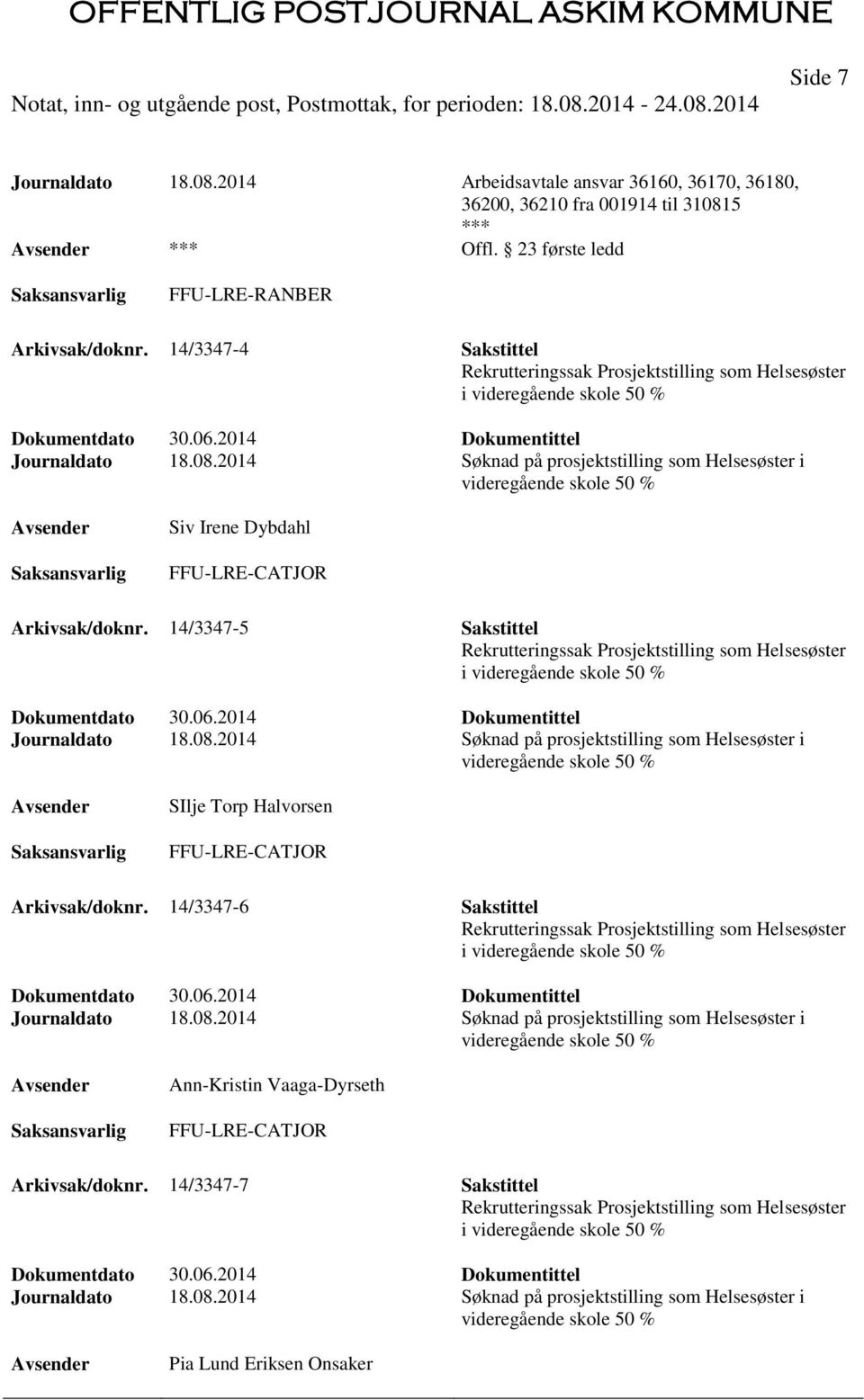 2014 Søknad på prosjektstilling som Helsesøster i videregående skole 50 % Siv Irene Dybdahl Arkivsak/doknr.