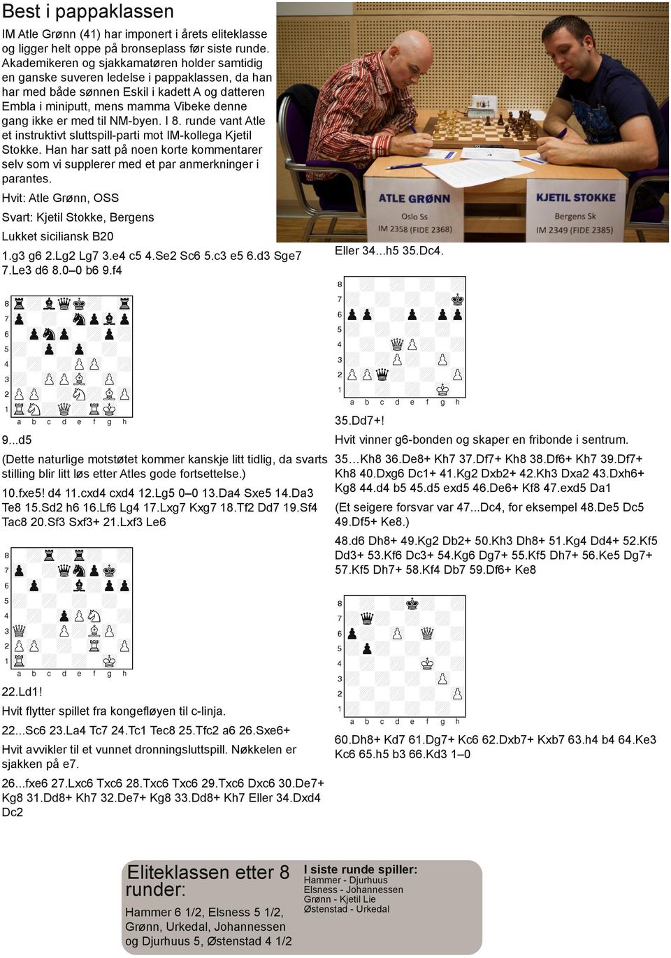med til NM byen. I 8. runde vant Atle et instruktivt sluttspill parti mot IM kollega Kjetil Stokke. Han har satt på noen korte kommentarer selv som vi supplerer med et par anmerkninger i parantes.