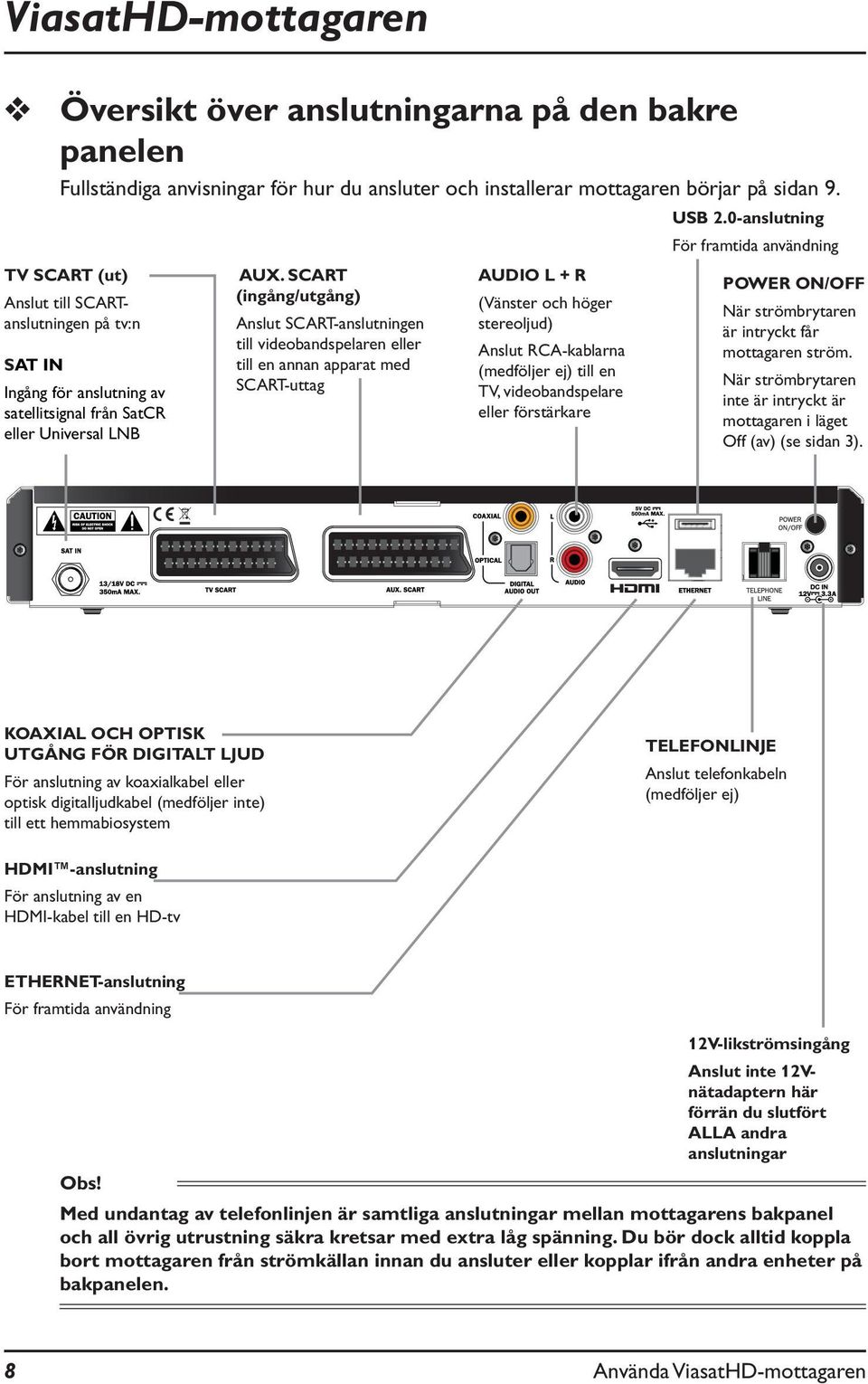 SCART (ingång/utgång) Anslut SCART-anslutningen till videobandspelaren eller till en annan apparat med SCART-uttag AUDIO L + R (Vänster och höger stereoljud) Anslut RCA-kablarna (medföljer ej) till