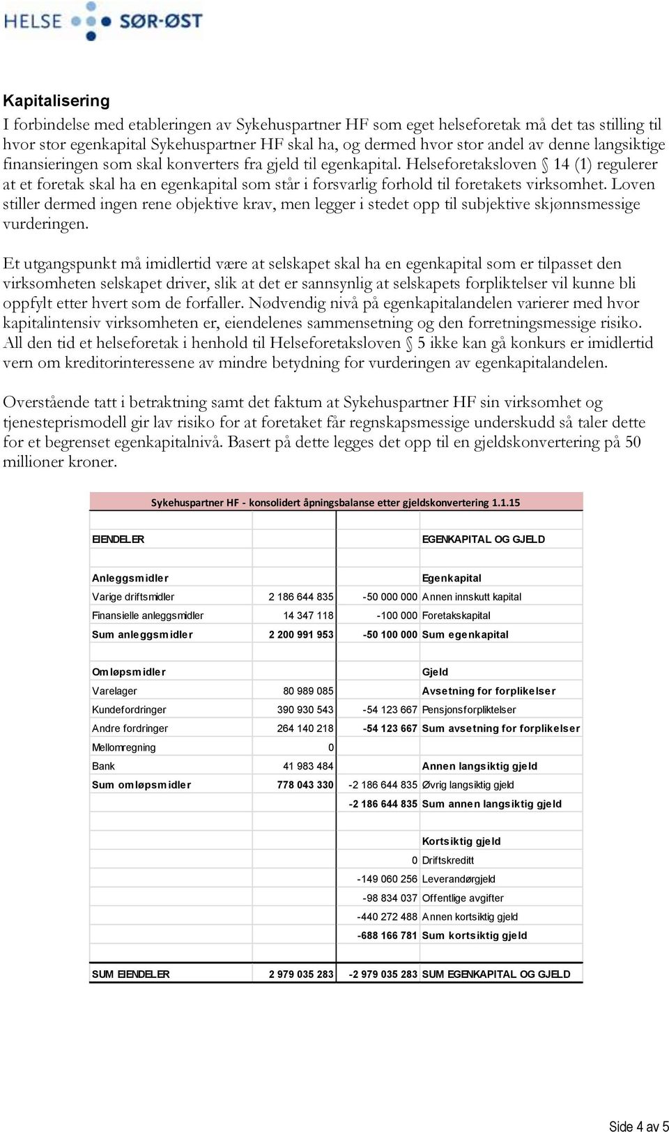 Helseforetaksloven 14 (1) regulerer at et foretak skal ha en egenkapital som står i forsvarlig forhold til foretakets virksomhet.