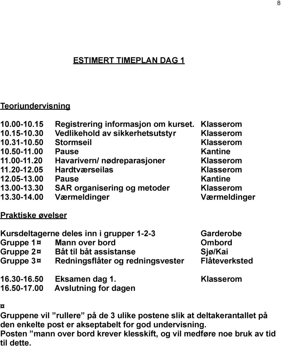 00 Værmeldinger Værmeldinger Praktiske øvelser Kursdeltagerne deles inn i grupper 1-2-3 Garderobe Gruppe 1 Mann over bord Ombord Gruppe 2 Båt til båt assistanse Sjø/Kai Gruppe 3 Redningsflåter og