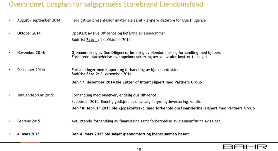 Oktober 2014 November 2014: Gjennomføring av Due Diligence, befaring av eiendommer og forhandling med kjøpere Forberede utarbeidelse av kjøpekontrakter og øvrige avtaler knyttet til salget Desember