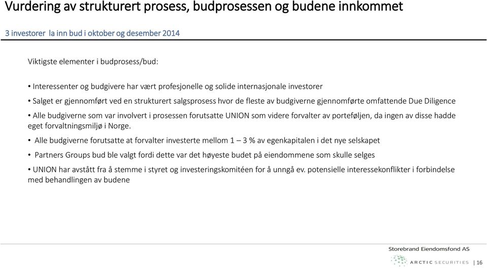 involvert i prosessen forutsatte UNION som videre forvalter av porteføljen, da ingen av disse hadde eget forvaltningsmiljø i Norge.