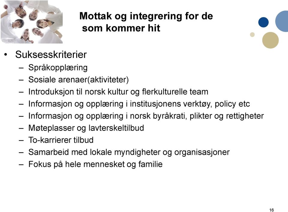 policy etc Informasjon og opplæring i norsk byråkrati, plikter og rettigheter Møteplasser og