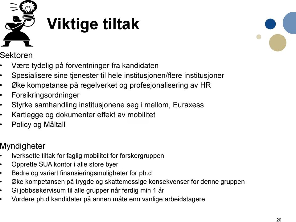 Myndigheter Iverksette tiltak for faglig mobilitet for forskergruppen Opprette SUA kontor i alle store byer Bedre og variert finansieringsmuligheter for ph.