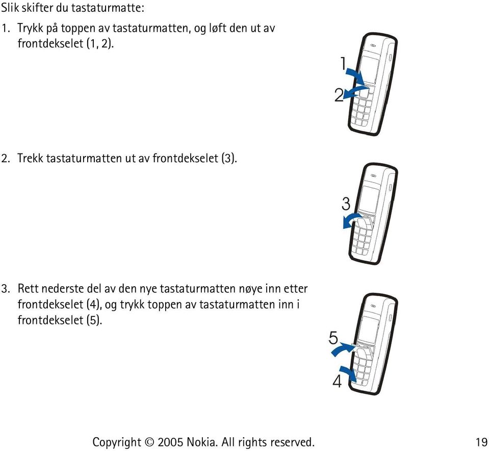 2. Trekk tastaturmatten ut av frontdekselet (3). 3.