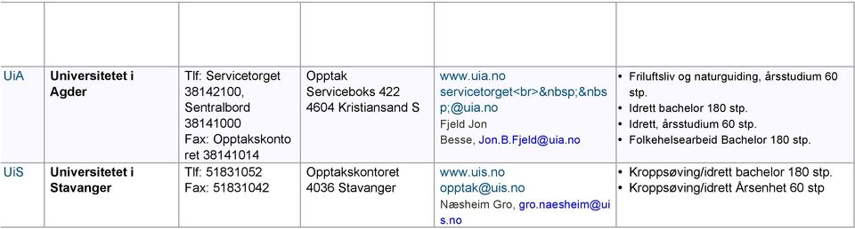 no Fjeld Jon Besse, Jon.B.Fjeld@uia.no www.uis.no opptak@uis.no Næsheim Gro, gro.naesheim@ui s.