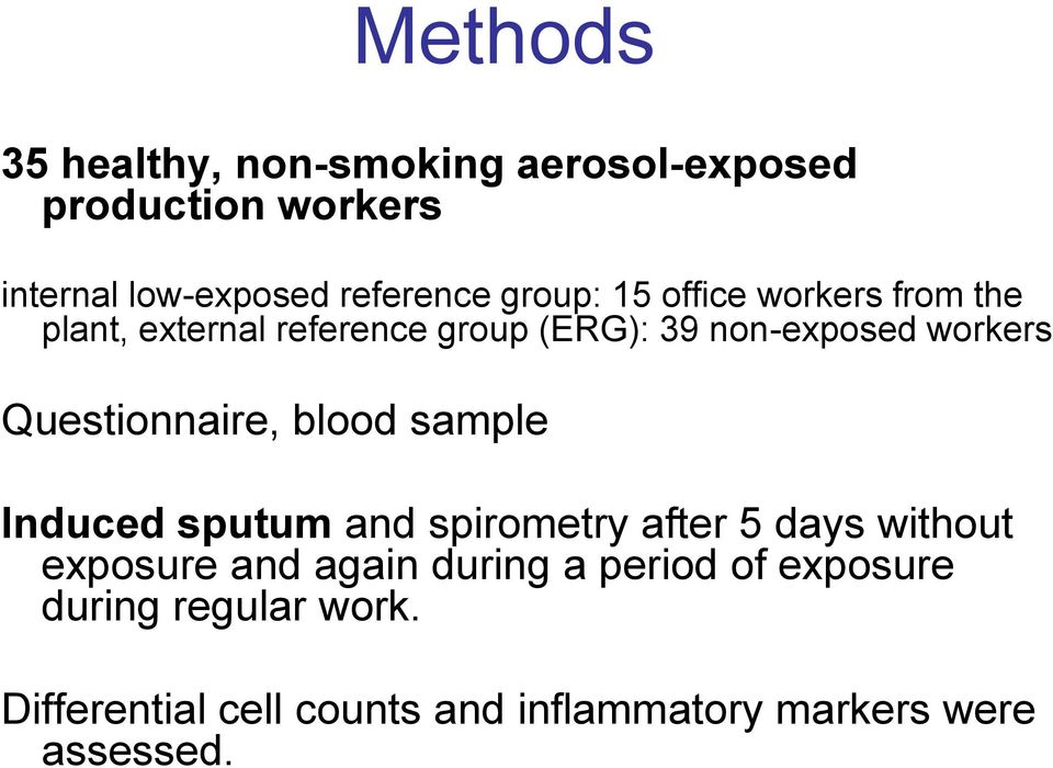 Questionnaire, blood sample Induced sputum and spirometry after 5 days without exposure and again