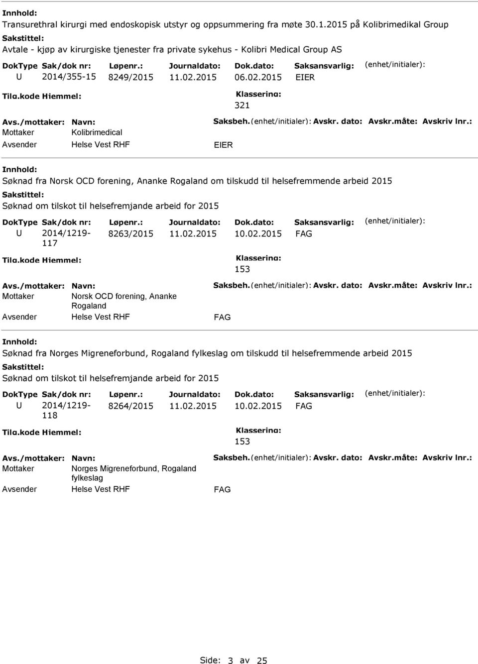 dato: Avskr.måte: Avskriv lnr.: Mottaker Kolibrimedical EIER Søknad fra Norsk OCD forening, Ananke Rogaland om tilskudd til helsefremmende arbeid 2015 117 8263/2015 Avs./mottaker: Navn: Saksbeh.