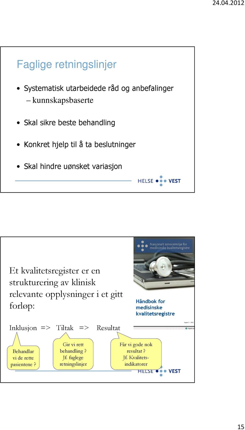 strukturering av klinisk relevante opplysninger i et gitt forløp: Inklusjon => Tiltak => Resultat