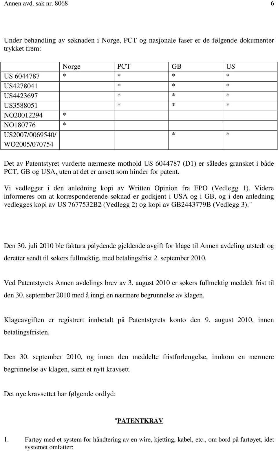 NO20012294 * NO180776 * US2007/0069540/ WO2005/070754 * * Det av Patentstyret vurderte nærmeste mothold US 6044787 (D1) er således gransket i både PCT, GB og USA, uten at det er ansett som hinder for