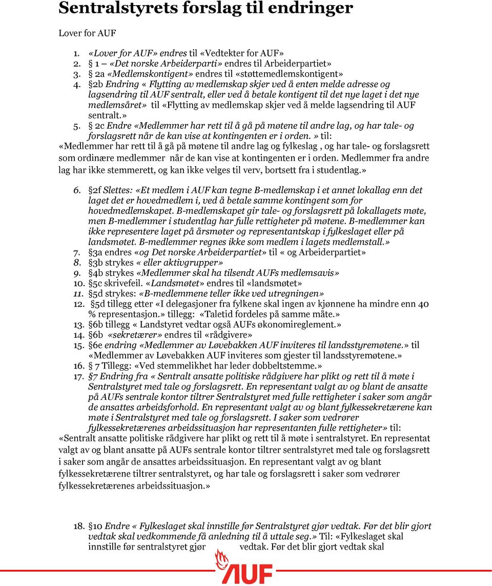 2b Endring «Flytting av medlemskap skjer ved å enten melde adresse og lagsendring til AUF sentralt, eller ved å betale kontigent til det nye laget i det nye medlemsåret» til «Flytting av medlemskap