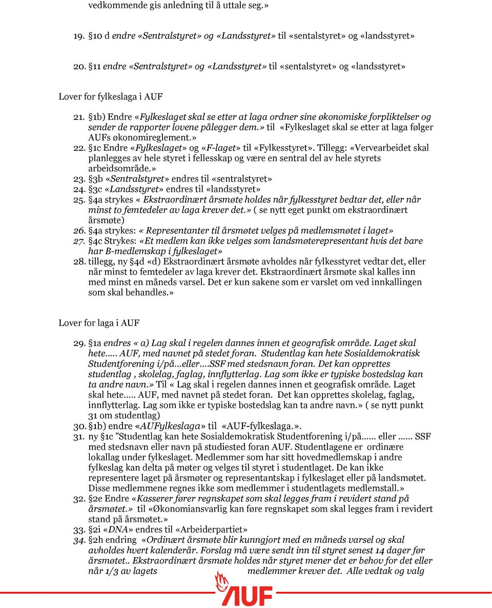 1b) Endre «Fylkeslaget skal se etter at laga ordner sine økonomiske forpliktelser og sender de rapporter lovene pålegger dem.» til «Fylkeslaget skal se etter at laga følger AUFs økonomireglement.» 22.