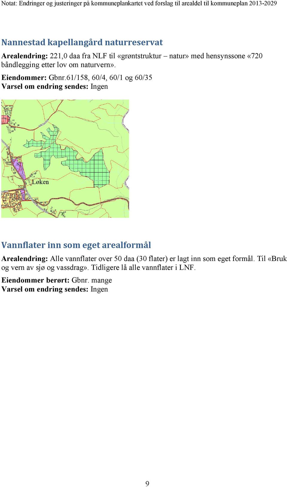 61/158, 60/4, 60/1 og 60/35 Vannflater inn som eget arealformål Arealendring: Alle vannflater over 50 daa