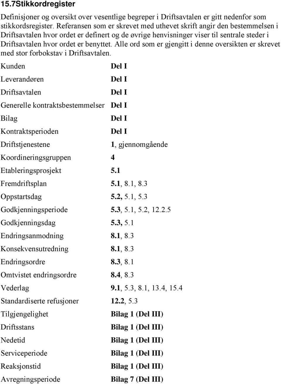 Alle ord som er gjengitt i denne oversikten er skrevet med stor forbokstav i Driftsavtalen.