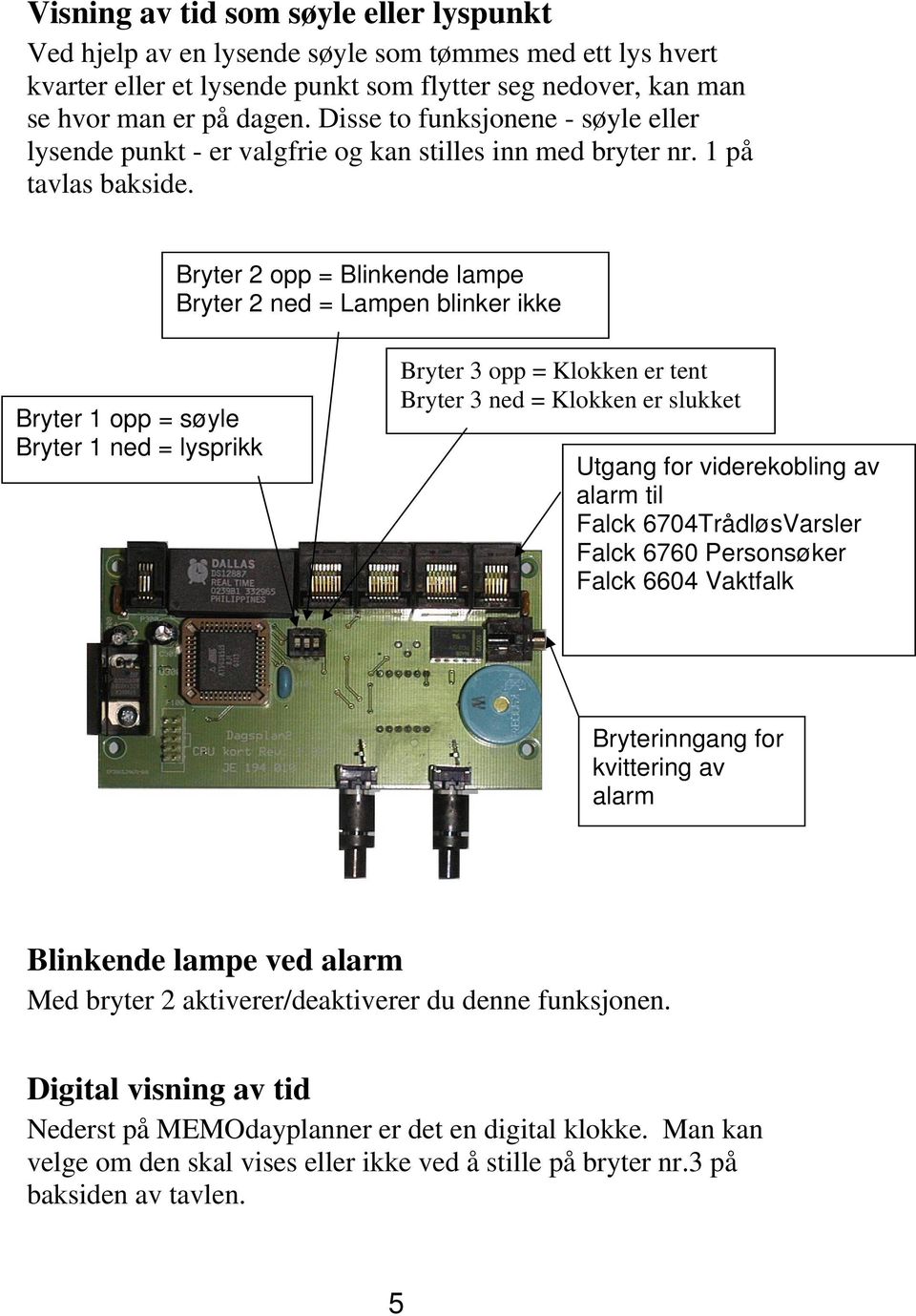 Bryter 2 opp = Blinkende lampe Bryter 2 ned = Lampen blinker ikke Bryter 1 opp = søyle Bryter 1 ned = lysprikk Bryter 3 opp = Klokken er tent Bryter 3 ned = Klokken er slukket Utgang for