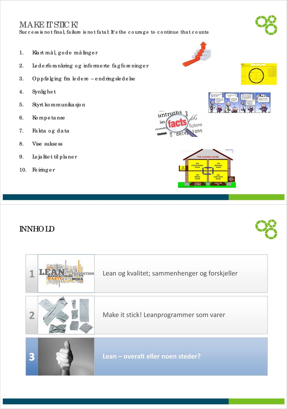 Synlighet 5. Styrt kommunikasjon 6. Kompetanse 7. Fakta og data 8. Vise suksess 9. Lojalitet til planer 10.