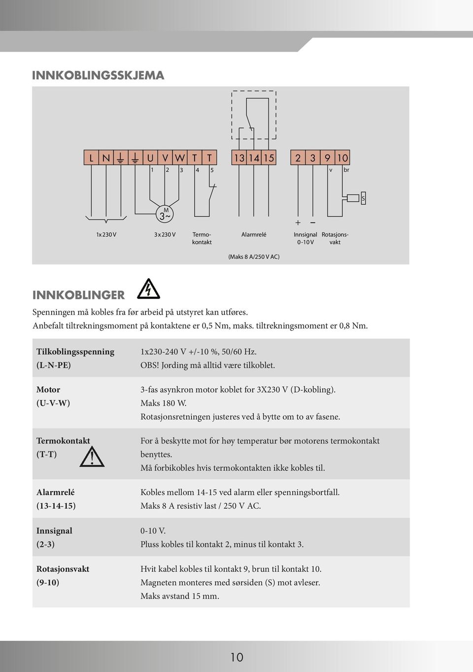 Tilkoblingsspenning (L-N-PE) Motor (U-V-W) Termokontakt (T-T) Alarmrelé (13-14-15) Innsignal (2-3) Rotasjonsvakt (9-10) 1x230-240 V +/-10 %, 50/60 Hz. OBS! Jording må alltid være tilkoblet.