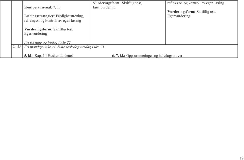 Siste skoledag tirsdag i uke 25. 5. kl.: Kap.