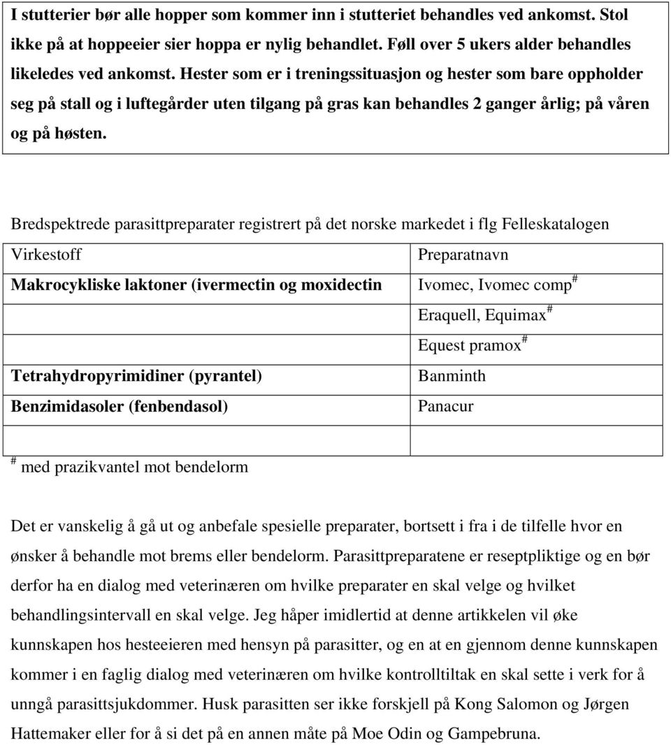 Bredspektrede parasittpreparater registrert på det norske markedet i flg Felleskatalogen Virkestoff Preparatnavn Makrocykliske laktoner (ivermectin og moxidectin Ivomec, Ivomec comp # Eraquell,