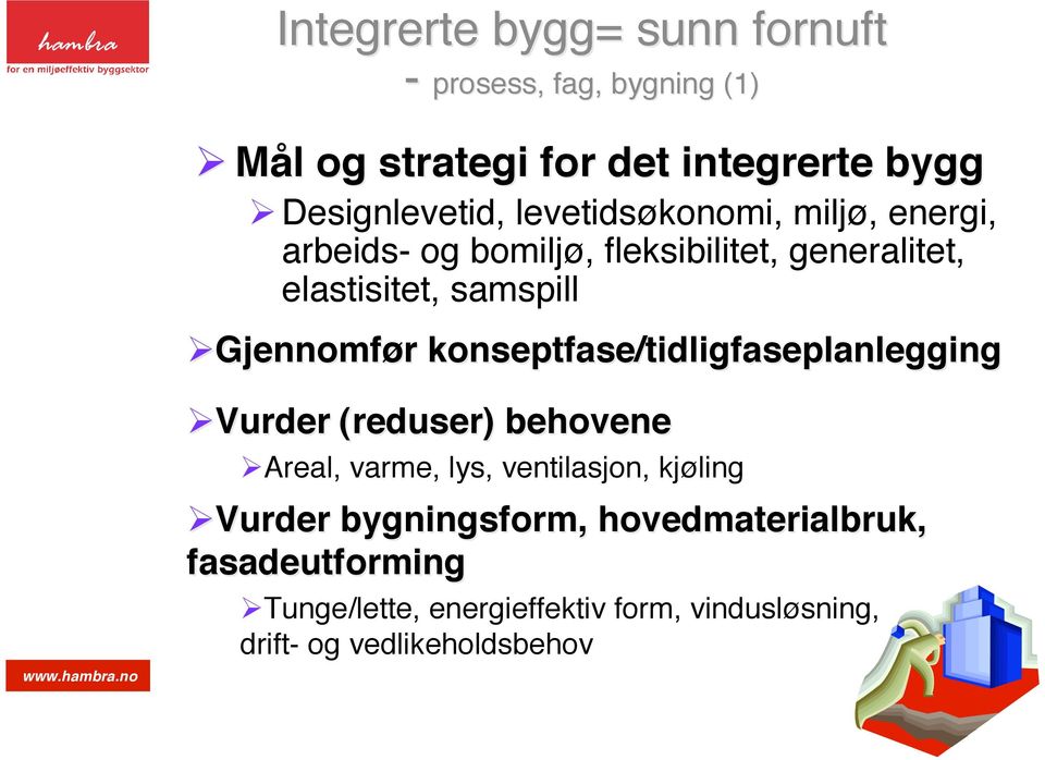 konseptfase/tidligfaseplanlegging Vurder (reduser) behovene Areal, varme, lys, ventilasjon, kjøling Vurder