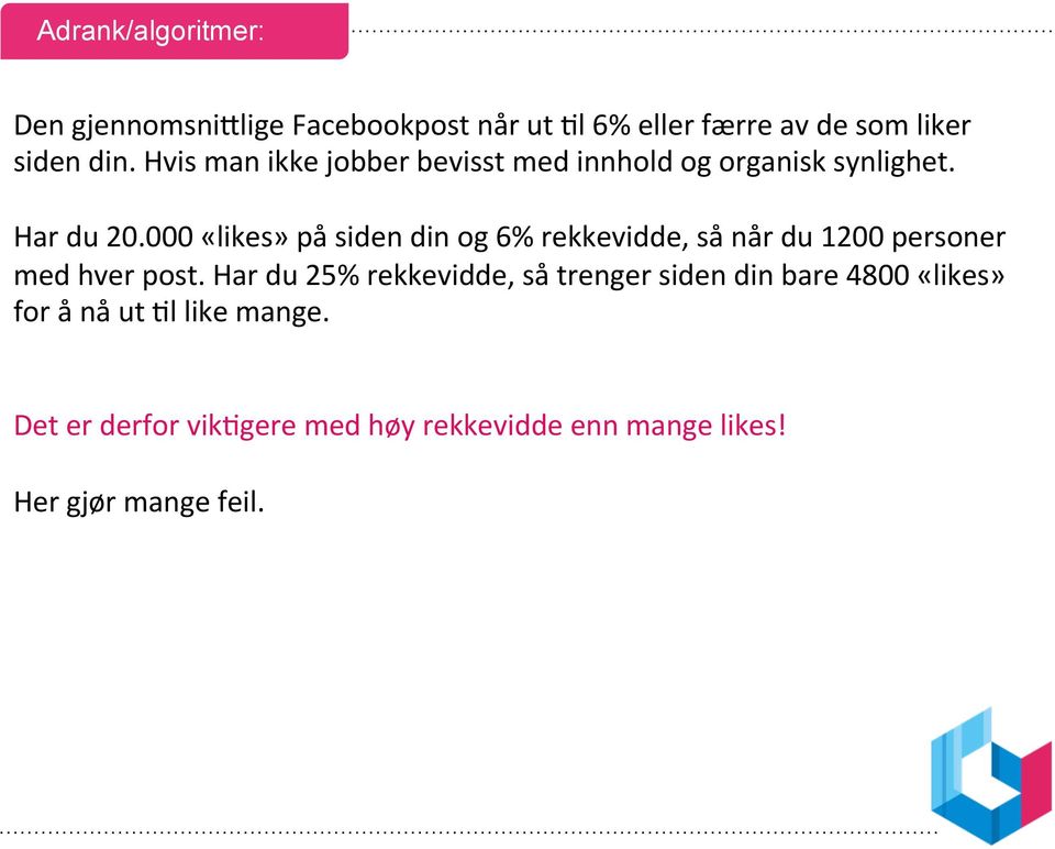 000 «likes» på siden din og 6% rekkevidde, så når du 1200 personer med hver post.