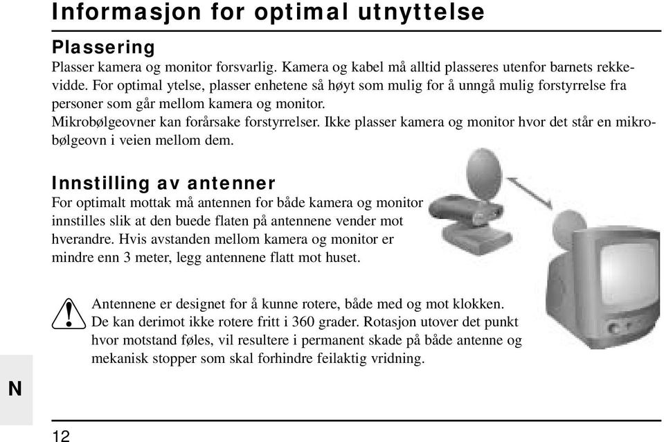 Ikke plasser kamera og monitor hvor det står en mikrobølgeovn i veien mellom dem.