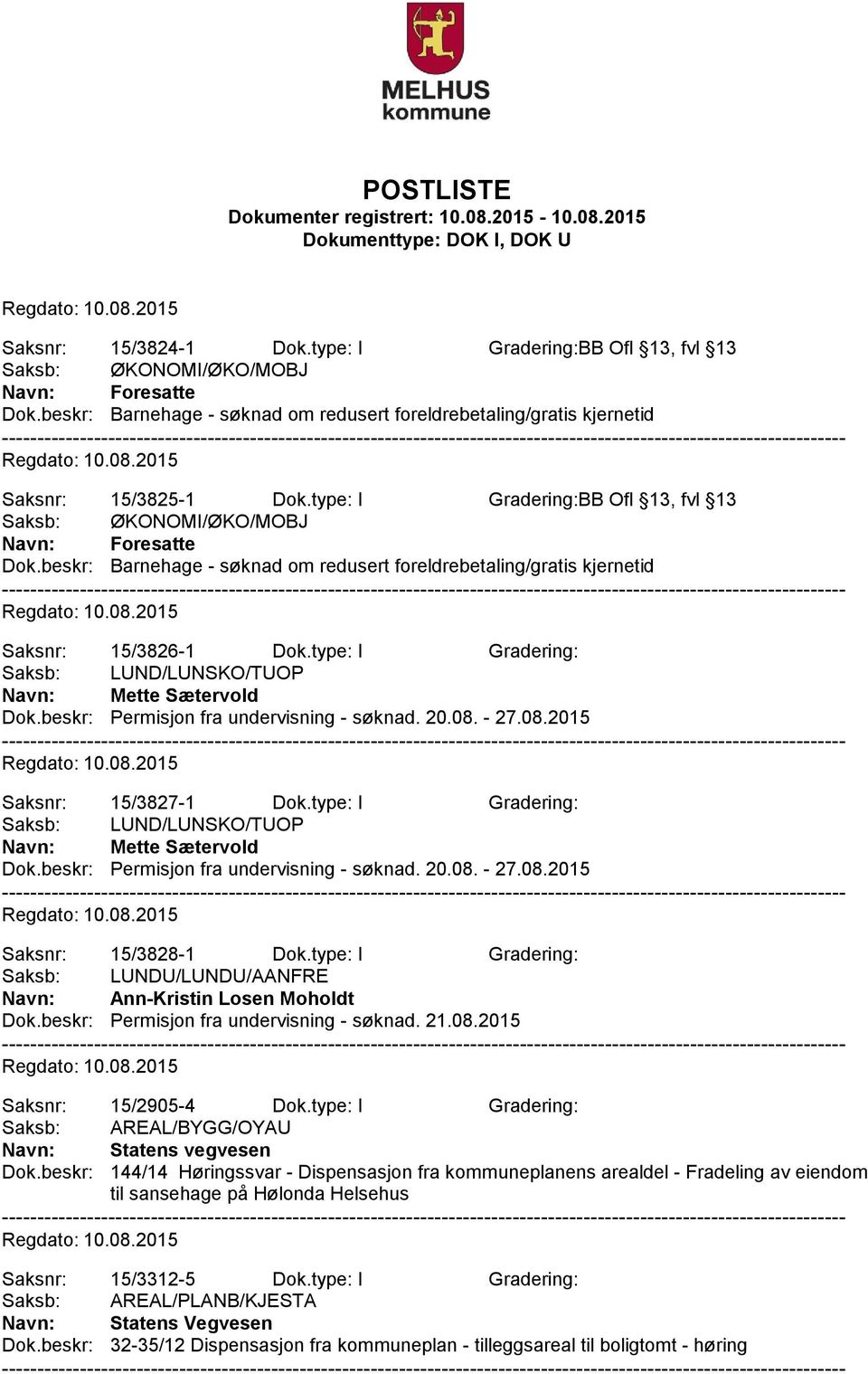 type: I Gradering: Saksb: LUND/LUNSKO/TUOP Navn: Mette Sætervold Dok.beskr: Permisjon fra undervisning - søknad. 20.08. - 27.08.2015 Saksnr: 15/3828-1 Dok.