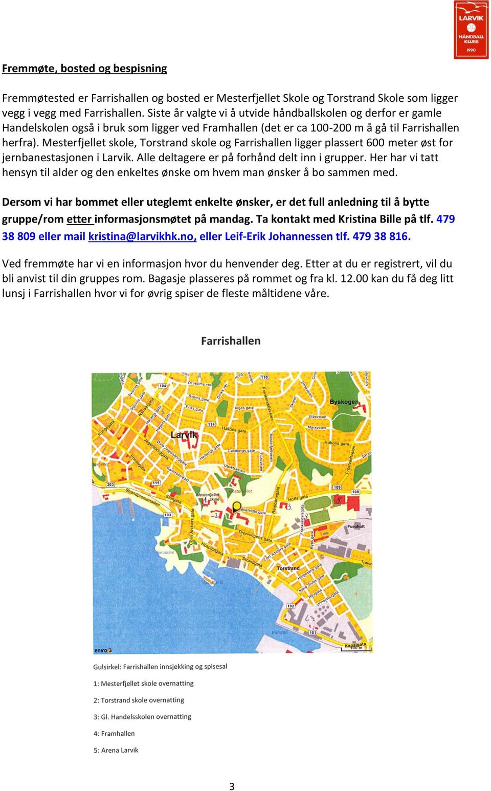 Mesterfjellet skole, Torstrand skole og Farrishallen ligger plassert 600 meter øst for jernbanestasjonen i Larvik. Alle deltagere er på forhånd delt inn i grupper.