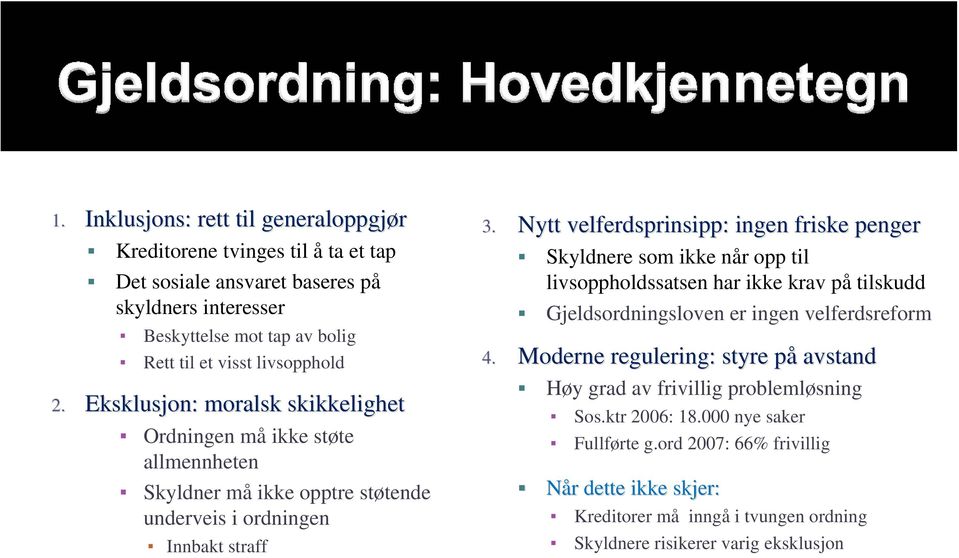 Nytt velferdsprinsipp: ingen friske penger Skyldnere som ikke når opp til livsoppholdssatsen har ikke krav på tilskudd Gjeldsordningsloven er ingen velferdsreform 4.