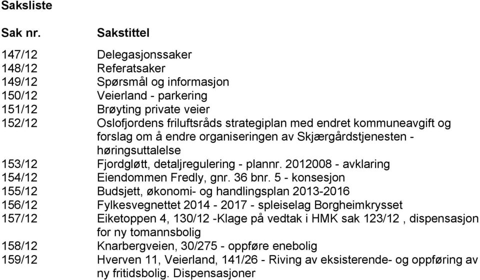 endret kommuneavgift og forslag om å endre organiseringen av Skjærgårdstjenesten - høringsuttalelse 153/12 Fjordgløtt, detaljregulering - plannr. 2012008 - avklaring 154/12 Eiendommen Fredly, gnr.
